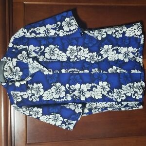 Pacific Legend Hawaiian‎ Shirt Blue/White Floral Hibiscus Print Size XL